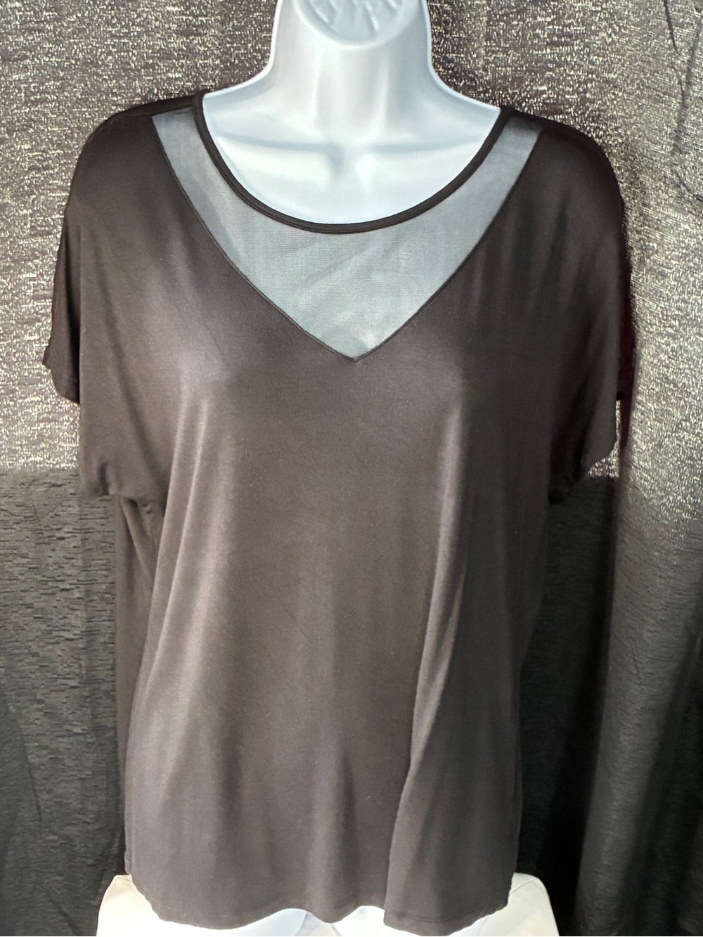 Tahari Black Short-Sleeve Blouse with Sheer V-Inset